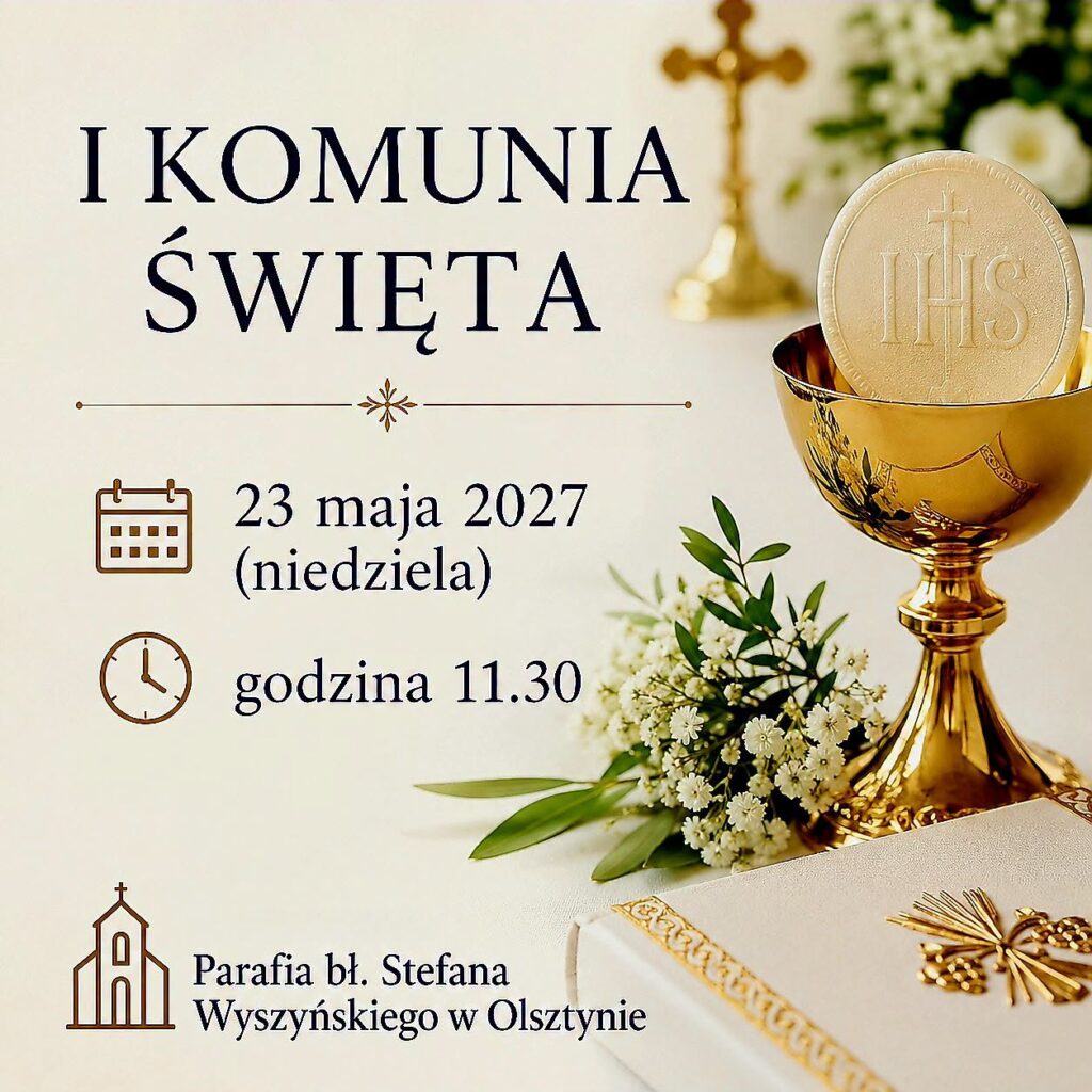 Elegancka grafika informacyjna o I Komunii Świętej w 2027 roku z podaną datą oraz godziną uroczystości kościelnej.